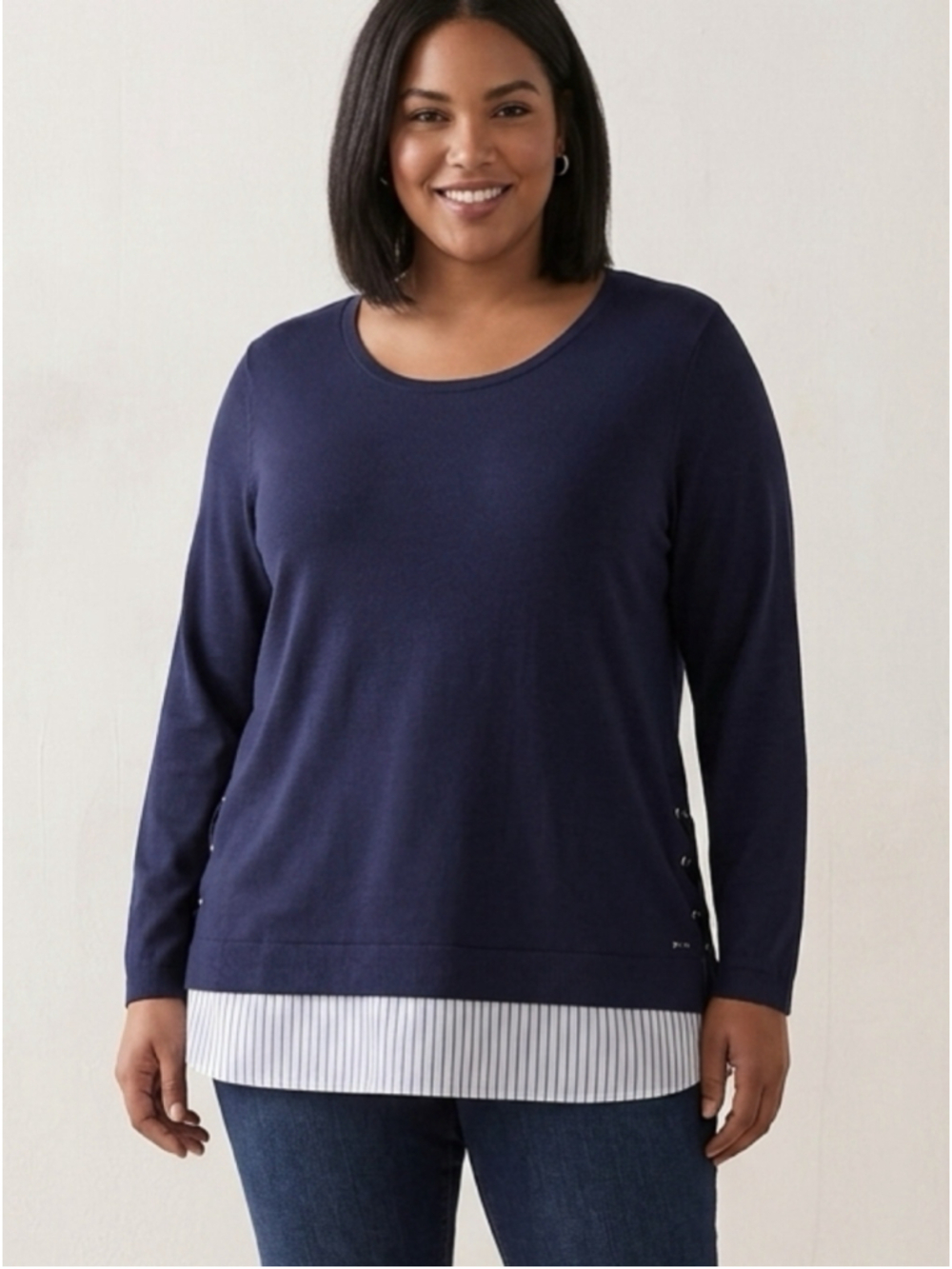 Calvin Klein womans XL Navy Knit Faux Layered Sweater Blue White Striped Hem2072